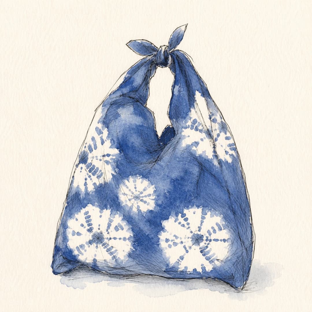 Hand-drawn illustration of a shibori-dyed azuma bag