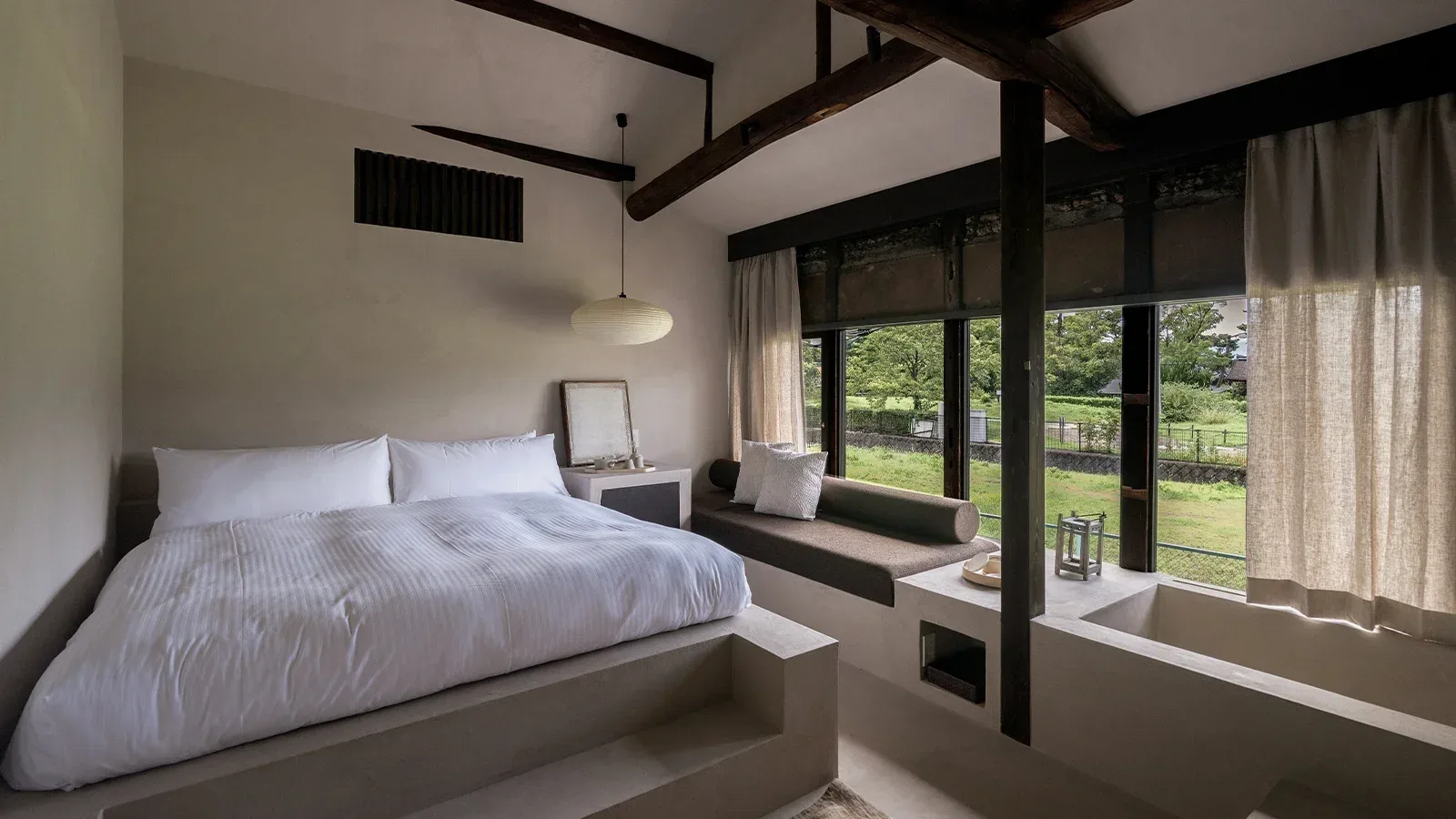 Suite 1 bedroom and windows overlooking Toyokuni Shrine